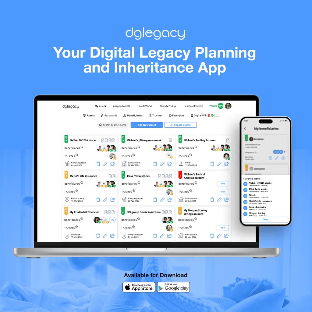 Computer & iPhone view of DGLegacy App Dashboard and beneficiary options